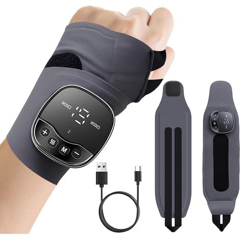 Masseur de Poignet EMS Sans Fil avec 3 Niveaux de Chaleur, 8 Modes de Massage et 19 Intensités, Soulage la Tendinite et le Syndrome du Canal Carpien, Rechargeable par USB C (1/5)