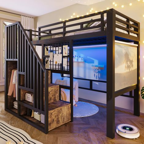 Lit mezzanine 90x200 cm, escalier rangement, grille support projecteur, LED, cadre fer, sans matelas, noir (1/5)