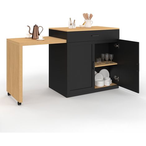 Mittelinsel VITO 94-155 cm schwarzes Holz mit integriertem ausziehbarem Esstisch in Buchenholzoptik