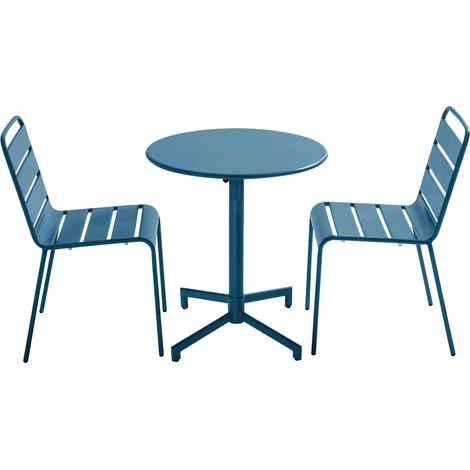 Ensemble table de jardin et 2 chaises en métal bleu pacific - Palavas (1/5)