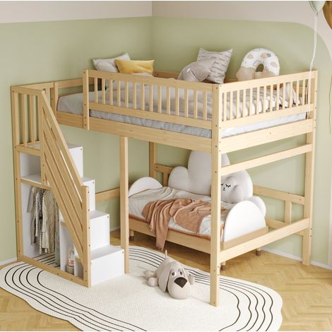 Letto a soppalco in legno naturale 140x200 cm con scala contenitore e sponde alte