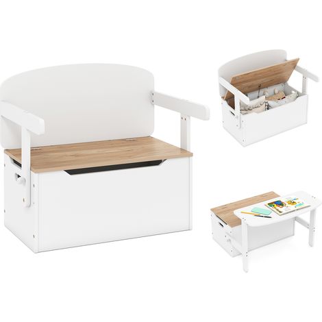 COSTWAY Kids Convertible Bench Table with Toy Storage Box 3-in-1 Desk Chair Set White (1/5)