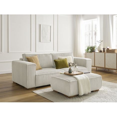 BOBOCHIC - Canapé droit fixe 3 places CHELSEA gros côtelé doux avec pouf Beige (1/5)