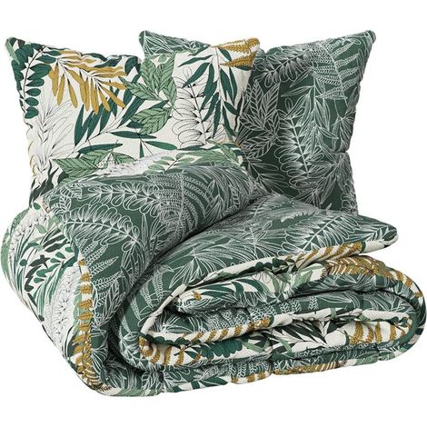Parure de lit en coton – 240 x 220 cm – Motif tropical – Vert – Douce et naturelle – Fermeture boutonnée (1/3)
