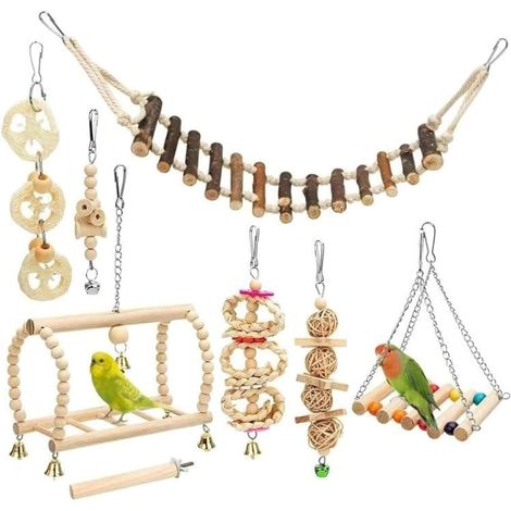 Lot de 8 cages à oiseaux en bois naturel à mâcher pour perroquets - Accessoires pour perruches - Géométriques