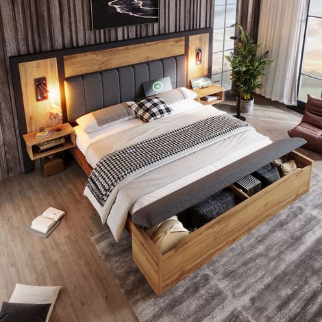 Modernluxe – Lit adulte 160×200 cm avec liseuse et ports USB – Banquette de rangement – Structure en métal – Capacité 300 kg