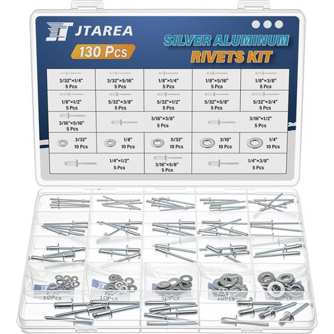 16Tailles Rivets Aveugles en Aluminium Set 2,4mm 3,2mm 4mm 4,8mm 6,4mm Rivet Argent Rivets Pop Tete Large Rivet à Bout Ouvert Kit (Paquet de 130 Pièces) (1/5)