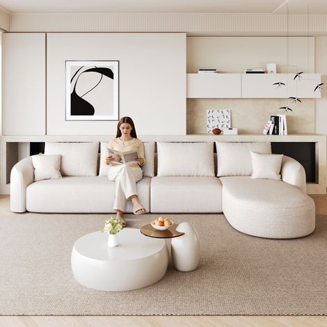 Sofá de esquina en forma de L de 336 cm, sofás de compresión de espuma, sofá modular sin huesos, sofás de compresión para sala de estar, dormitorio, apartamento, sin montaje requerido, blanco (1/5)