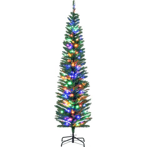 Sapin de Noël artificiel crayon vert 180 cm avec 390 branches et 150 lumières multicolores, base acier compacte pour intérieur (1/5)