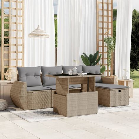 Juego de sofás jardín con cojines 6 pzas ratán sintético beige (1/5)