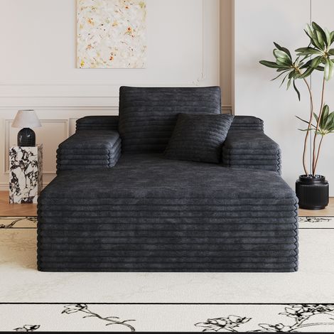 Canapé modulable en velours côtelé noir, 115x159 cm, assise spacieuse, méridienne intégrée, sans cadre, garnissage mousse, prêt à l'emploi, compact et décompressé, idéal pour salon, chambre ou studio. (1/5)