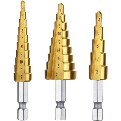 Jeu de 3 forets à fraiser étagés, en acier inoxydable, 3-12 mm, 4-12/20 mm, conique triangulaire en titane, avec queue hexagonale, pour le perçage au tournevis dans l'acier, le laiton, le bois et le p (1/5)