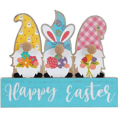 Décorations de Pâques en bois : lapin, gnome, ornements, pancarte Freestang (1/5)