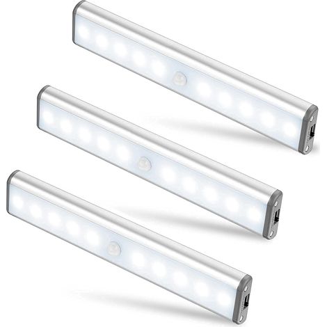 3er Set 10 LED Lampen, Kabellos, USB Wiederaufladbar, Magnetisch, Bewegungsmelder, 2 Leuchtmodi, Tragbar. Schranklicht, Notlampe, Kindernachtlicht, Extra