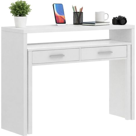 Dmora - Scrivania Abarath, Scrittoio multiposizione con piano estraibile, Consolle da studio lineare con 2 cassetti, 99x70h88 cm, Bianco lucido