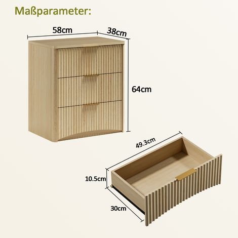 Table de chevet traditionnelle 3 tiroirs larges – Style cannelé distinctif, poignées en métal robustes & coulisses silencieuses – Socle solide – Finition chêne