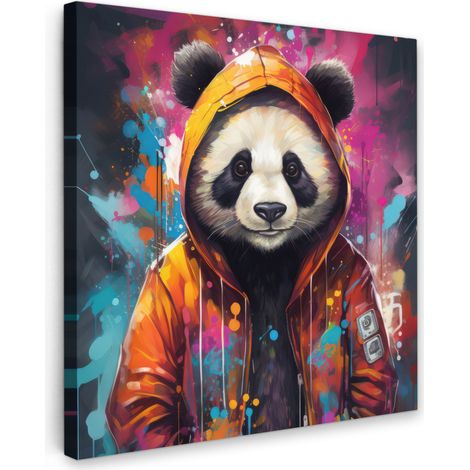 TABLEAU SUR TOILE Panda - Veste - Graffiti - Orange Tableau Chambre Adulte 90x90 cm