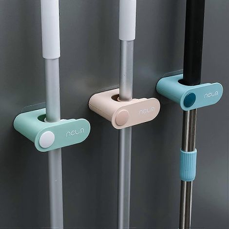 Lot de 3 supports muraux pour balai et serpillière, fixation auto-adhésive, sans perçage. (1/5)
