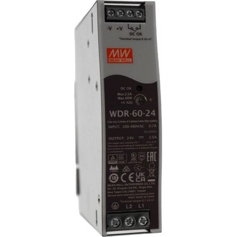 MW MEAN WELL WDR-60-24 Alimentatore Slim DIN Rail 60W 24V 2,5A Input 180-550V
