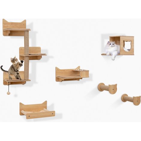 COSTWAY Mobili da Parete per Gatti a 6 Pezzi, Mensole a Muro con Amaca, Ciotola per Cibo e Acqua, Albero a 3 Livelli, Piattaforme, Scalini, Tiragraffi e Giocattolo, Parco Giochi da Interno (Modello 2) (1/2)