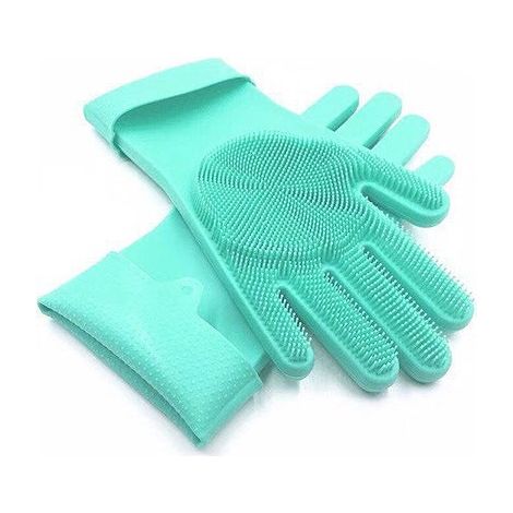 Ensemble deux pièces-GLOVE-GREEN-PAIR:Gants de toilettage pour animaux vert imperméable, gant silicone résistant aux morsures, paire pour nettoyage poils (1/5)
