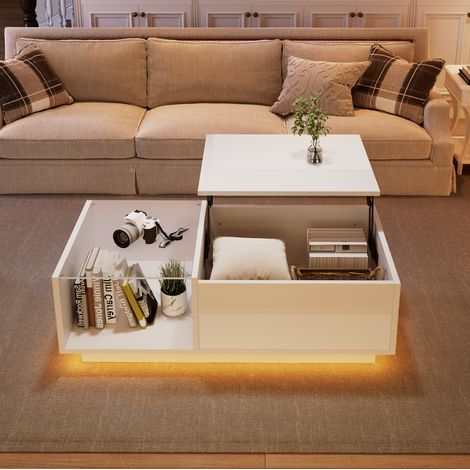 Mesa de centro elevable 100x50x33 cm blanca con LED y almacenaje FloraGrace (1/5)