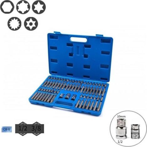 SET INSERTI 75 PEZZI TORX RIBE ESAGONALI MILLERIGHE ACCIAIO CRV 1/2" 3/8"