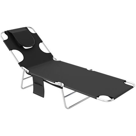 Chaise longue de jardin, transat avec ouverture rembourrée pour le visage, table de massage d'extérieur, poche latérale, tissu, métal, noir
