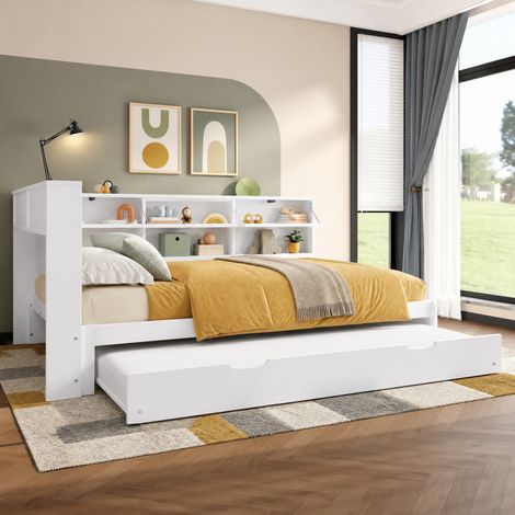 Letto con Letto estraibili 140x200 cm, con testiera contenitore, in pino e MDF, bianco, senza materasso (1/5)
