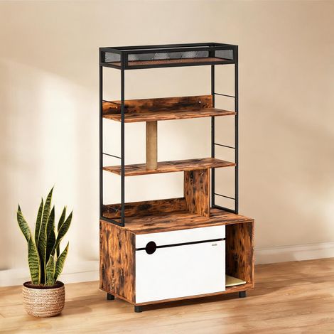 Meuble cache-litière 3 étagères avec griffoir pour chat en bois (1/5)