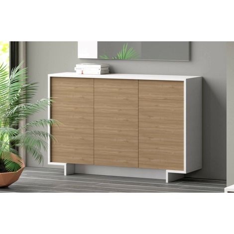 Dmora - Aparador Aneto, Aparador de salón, Buffet de salón con 3 puertas y 1 cajón, 100% Made in Italy, 134x35h87 cm, Blanco y Roble (1/5)
