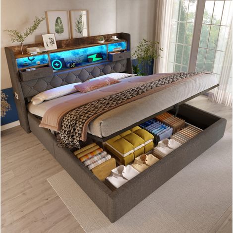 MEUBLIV Lit coffre 140x200 cm en lin gris avec tête de lit LED ports USB et Type C rangement hydraulique sommier inclus cadre double rétro (1/5)