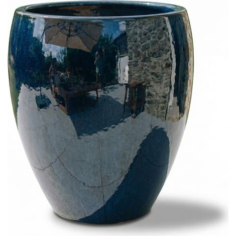 Provencelia Pflanzkübel Lafontaine Ø28 cm Höhe 32 cm frostbeständig, keramisch, handgefertigt, Meeresblau (1/5)