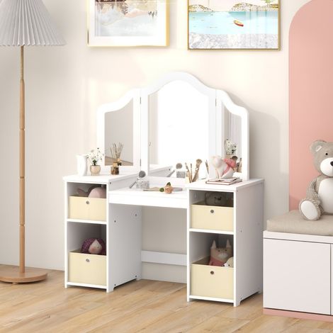 Coiffeuse pour Enfants Design Amovible 2 en 1 avec Coiffeuse et Bureau Coiffeuse de Maquillage Princesse avec 4 Grandes Étagères Blanc (1/3)