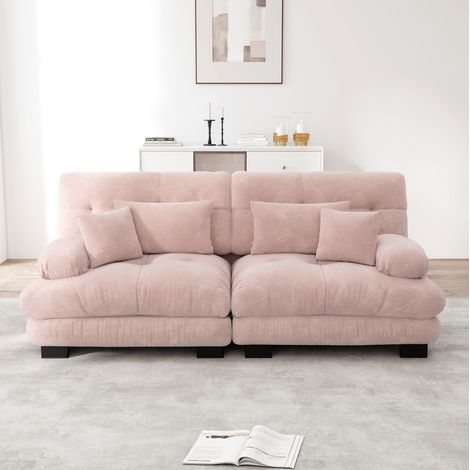 Divano angolare rosa in chenille con design modulare, braccioli arrotondati e cuscini lombari (1/5)