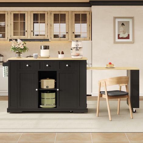 DESMIU Îlot de Cuisine Mobile avec Table Coulissante, Prises et USB, Rangements Réglables, MDF, Noir et Naturel 138 × 55 × 93 cm (1/5)