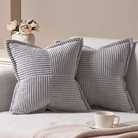 Lot de 2 coussins de canapé couleur velours côtelé, coussins de canapé décoratifs, 45x45 m, gris