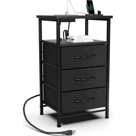Table de chevet avec station de charge LED réglable 3 tiroirs en tissu étagère ouverte bois métal noir compact (1/5)