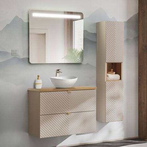 Conjunto de muebles con lavabo individual 80cm espejo LED y columna Manoa Cachemira y Madera (1/4)
