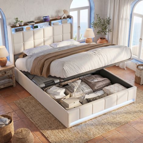 Lit coffre double 140x190 cm beige - Lit avec rangement 2 places, tête de lit avec LED, étagère et ports USB, sommier à lattes, lit adulte capitonné