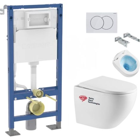 Pack WC suspendu complet Geberit Duofix autoportant, WC Swiss Aqua Technologies Fusion, abattant SoftClose, plaque blanche (1/5)