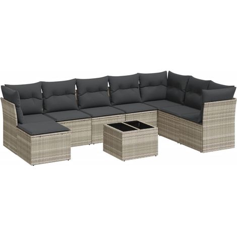 Set muebles jardín 9 pzas y cojines ratán sintético gris claro vidaXL (1/4)