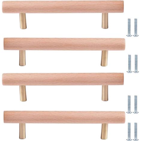 Lot de 4 poignées meuble en bois, 224 mm, base cuivre pur (1/5)