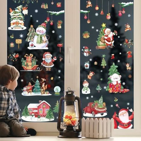 Stickers Noël Fenetre,Autocollant Vitre Noël Reutilisable,Electrostatique PVC Sticker Decoration Vitrine Noël,Double Face Stickers,A (1/4)