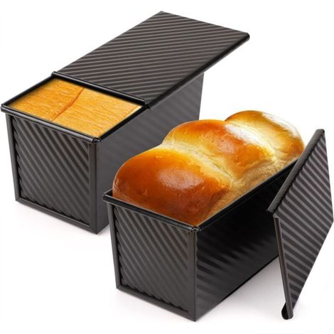 Bread pan with lid, set of 2, 450g, black, for homemade bread, carbon steel toast box with lid for baking utensils (1/5)