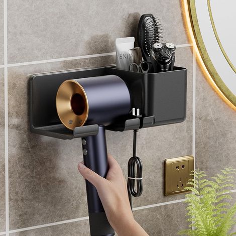 Support pour sèche-cheveux, fixation murale adhésive universelle pour sèche-cheveux, organisateur d'outils de coiffure 2 en 1 (noir)