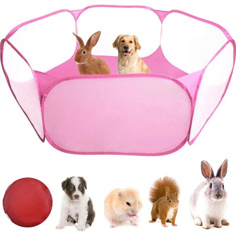 Cage pour Petits Animaux, Parc Portable Lapin, Tente Pop-up Transparente Animaux de Compagnie Extérieur/Intérieur Exercise Clôture pour Cobaye, Hamster, Chinchillas et Hérissons (Rose) (1/5)