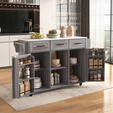 Cage, en bois massif et bois, gris, 5 cm, pour maison et usage quotidien, structure pliante avec rangement, plan de travail imitation marbre blanc