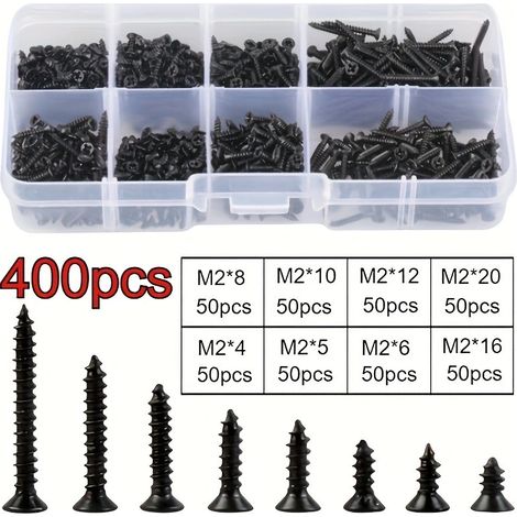 400 viti autofilettanti M2 in acciaio al carbonio con testa Phillips, svasate, 8 tipi di viti, in scatola nera, set KA.