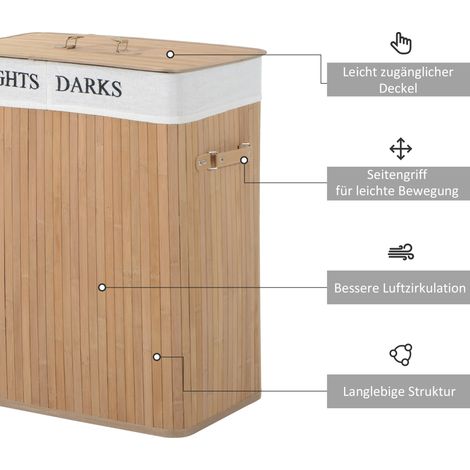 Panier à linge en bambou avec couvercle 100 L, collecteur de linge avec poignées PU, sac en toile, panier de rangement pour buanderie, chambre, salle de bain, naturel (1/4)